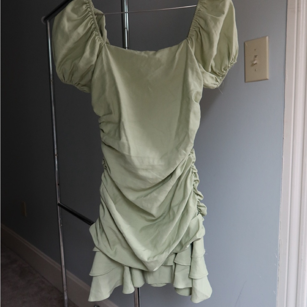 Lulu's Light Green Ruched Mini Dress - Picture 2 of 7